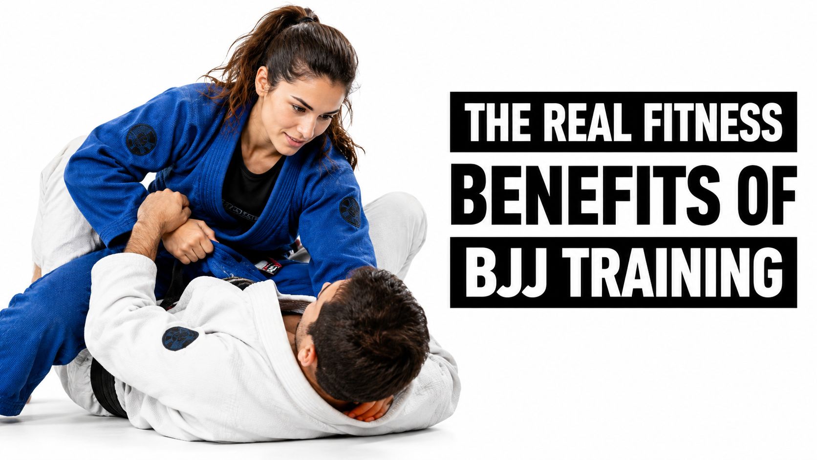A woman wearing a blue BJJ gi practicing ground grappling techniques with a man in a white gi.