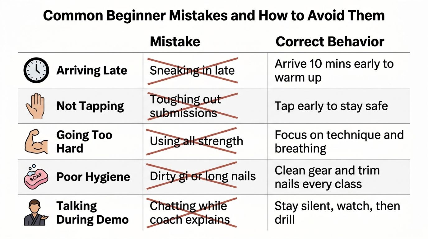 A chart illustrating common beginner mistakes in martial arts and how to correct them.