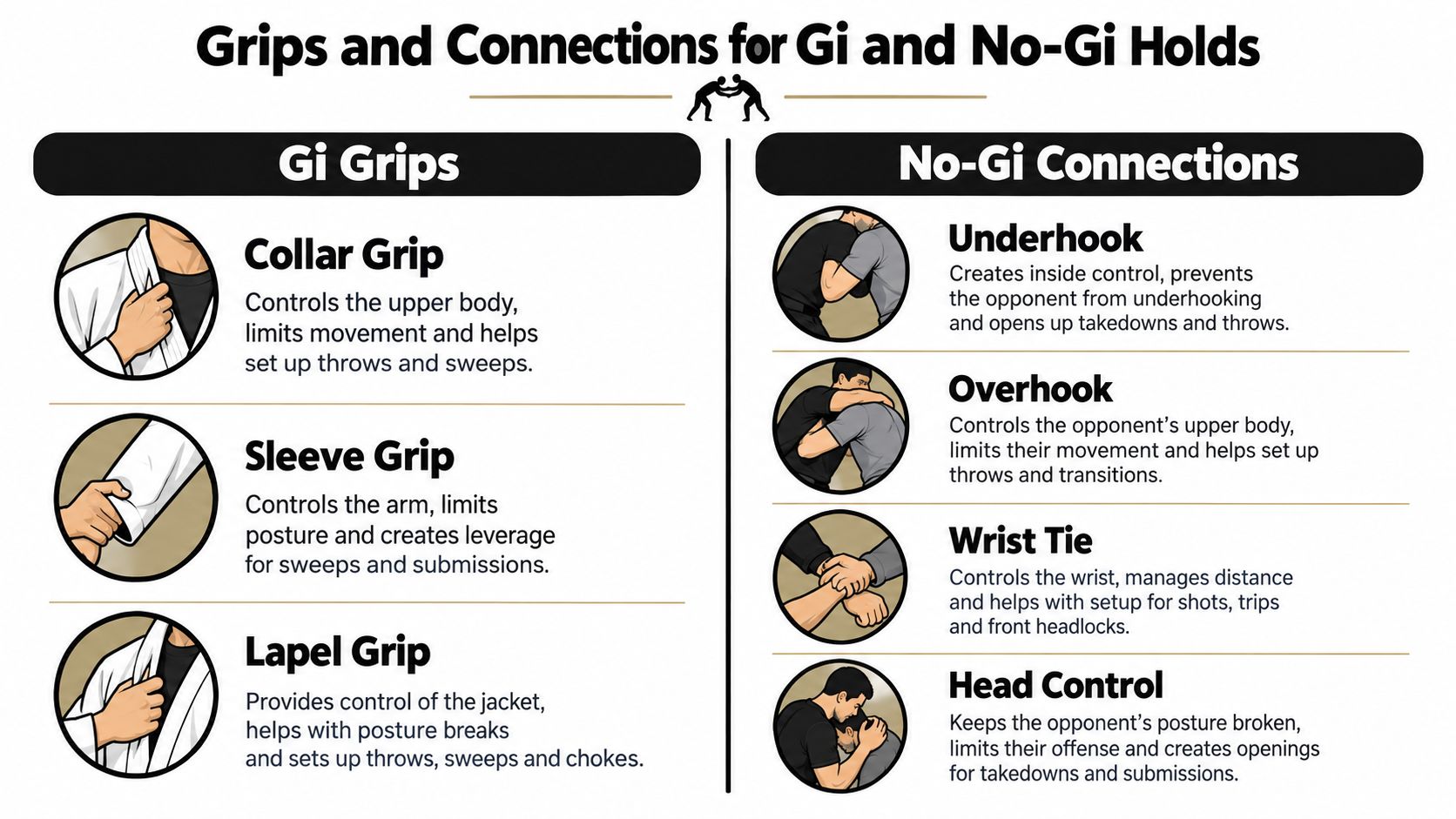 An infographic comparing various Gi grips and No-Gi connection techniques used in Brazilian Jiu-Jitsu training.