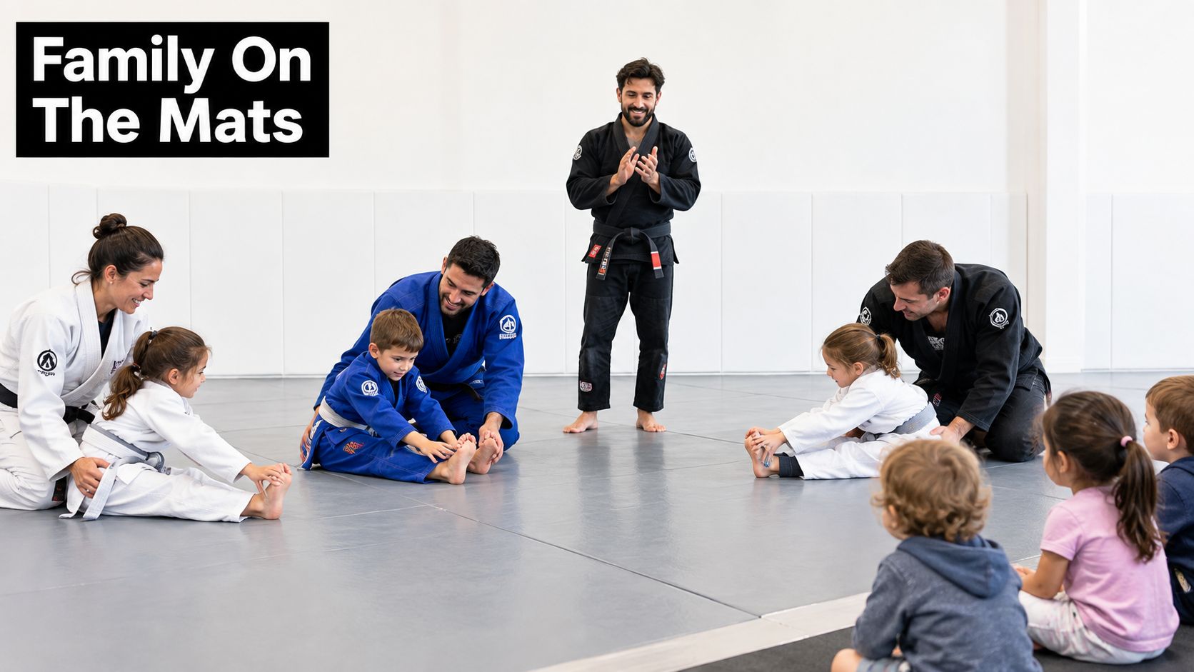 A family Jiu-Jitsu class with parents and children stretching together on mats in a training studio.