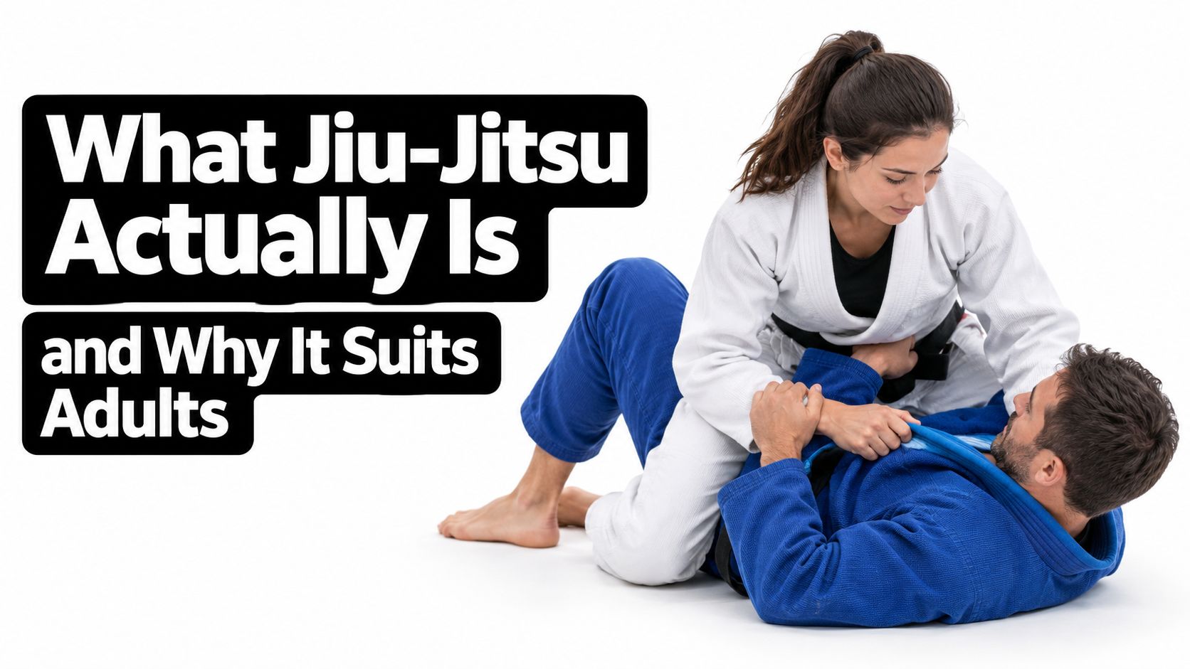 A woman in a white gi practicing Brazilian Jiu-Jitsu with a man in a blue gi.