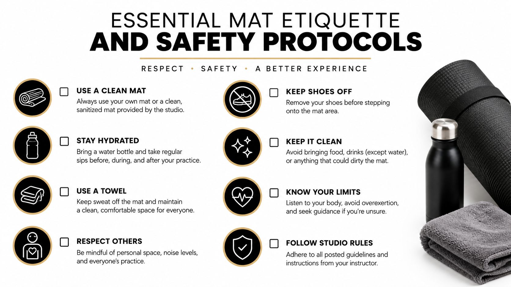 An infographic list outlining essential yoga mat etiquette and safety protocols for a studio environment.