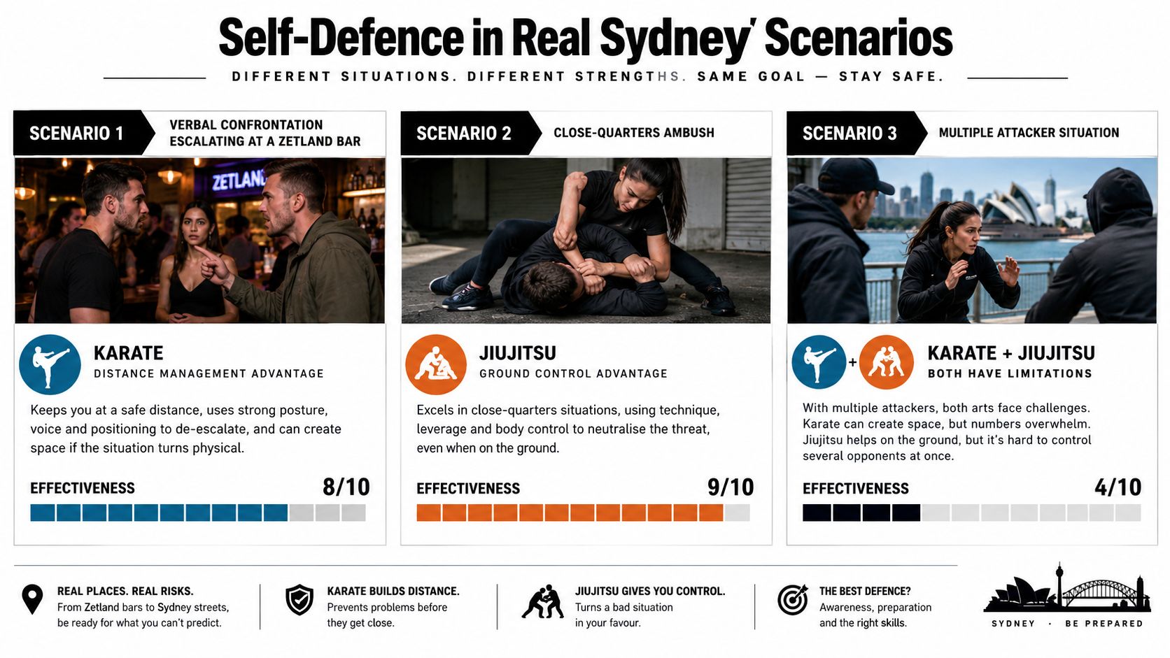 A comparison infographic showing the effectiveness of karate versus jiu jitsu in different self-defence scenarios in Sydney.