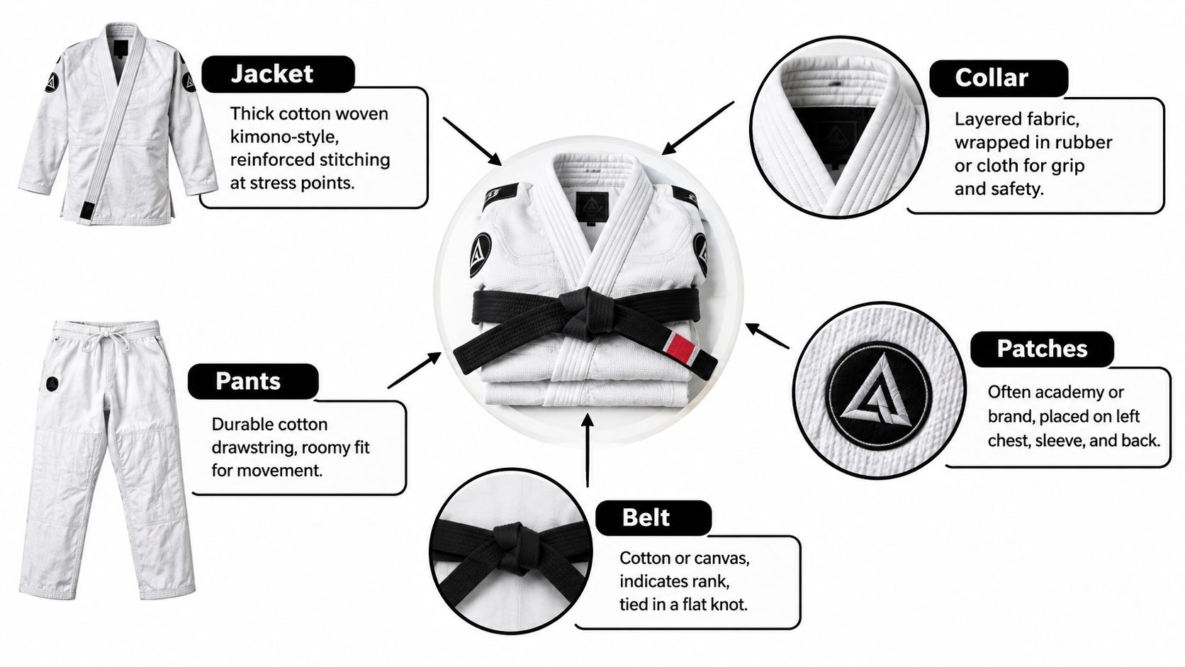 A detailed breakdown of a white Brazilian Jiu Jitsu uniform, showing the jacket, pants, collar, belt, and patches.
