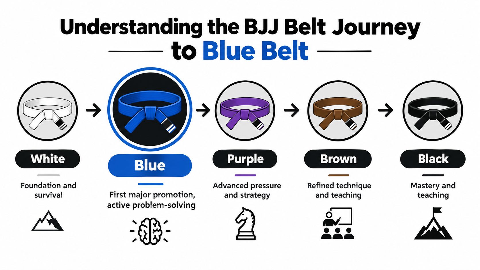 A diagram illustrating the Brazilian Jiu-Jitsu belt promotion path from white belt to black belt rank.