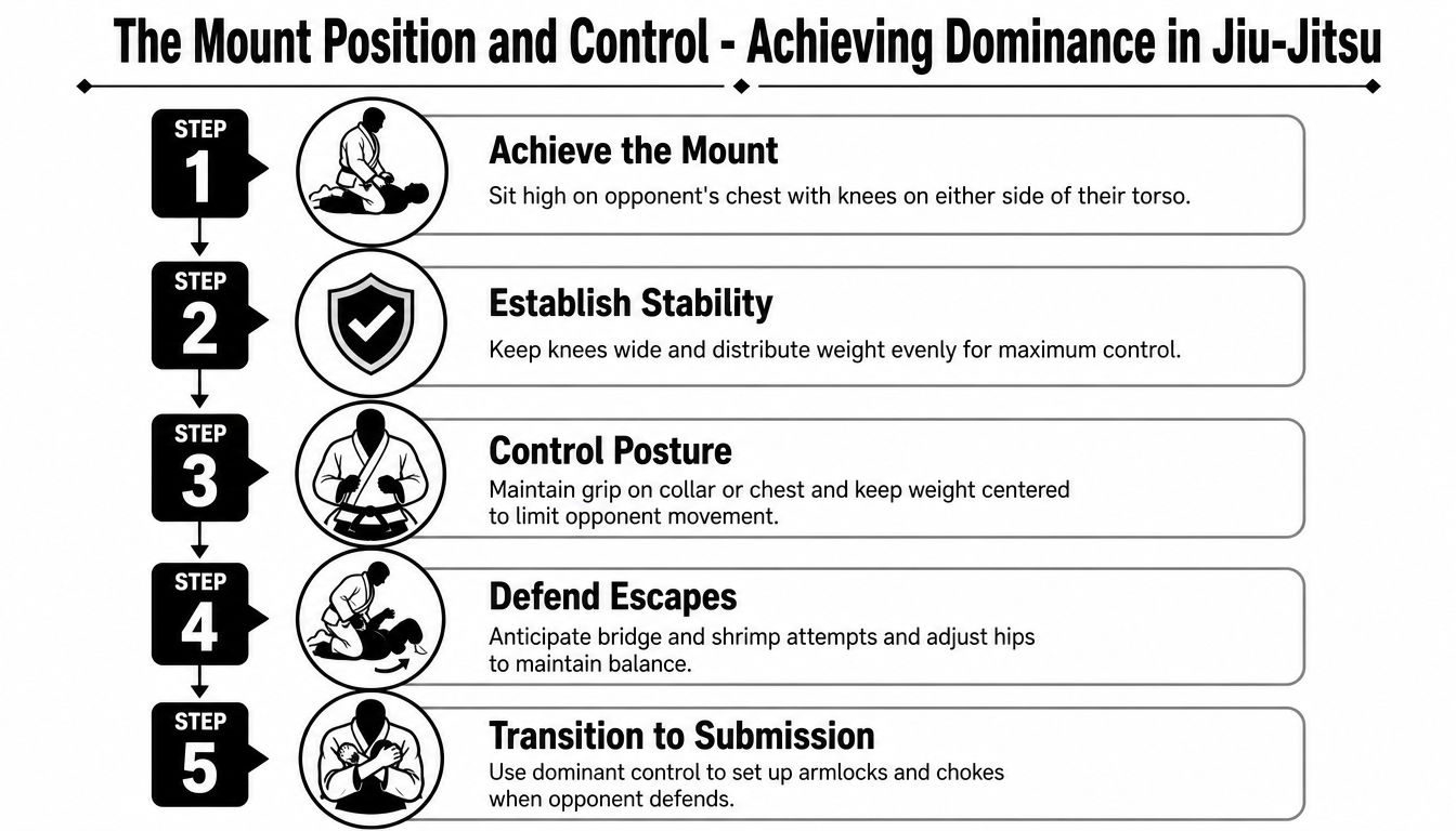 A five-step guide illustration demonstrating how to achieve and maintain mount position control in Brazilian Jiu-Jitsu.