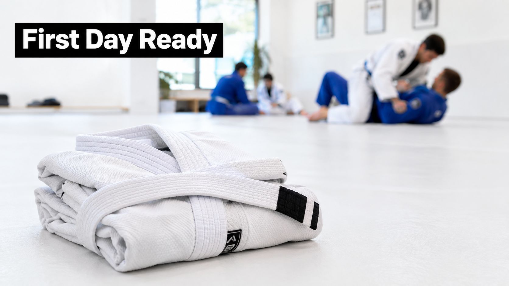 A neatly folded white Brazilian Jiu Jitsu uniform sitting on a studio floor with practitioners training behind.