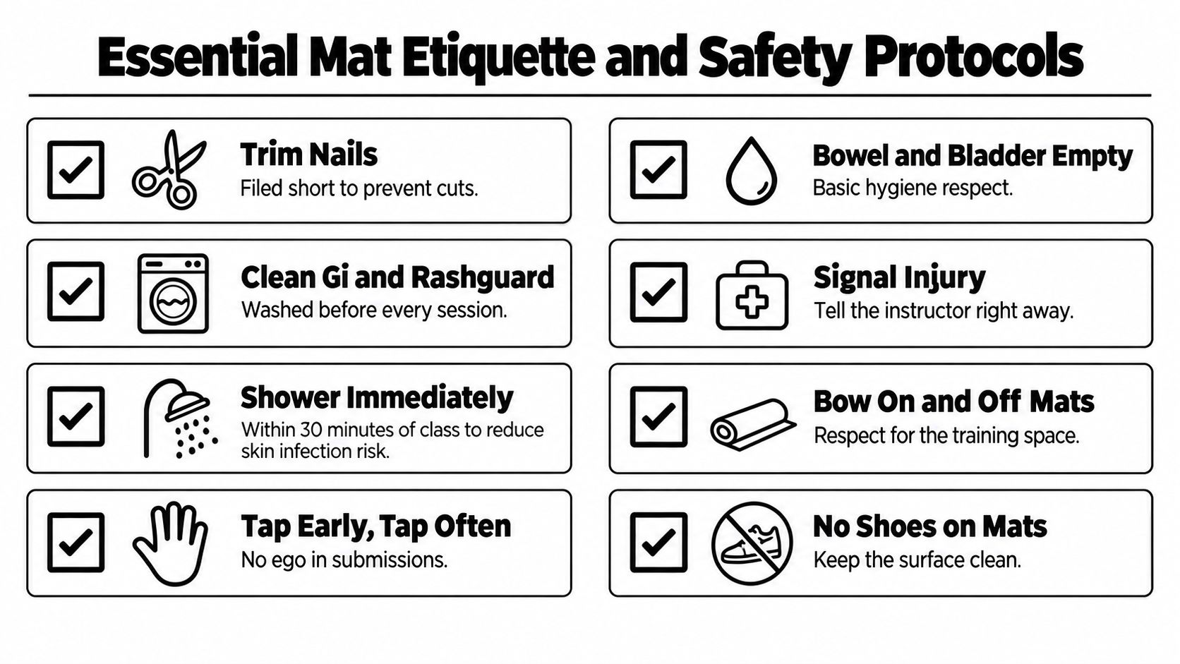 A list of essential mat etiquette and safety protocols for martial arts training on a white background.