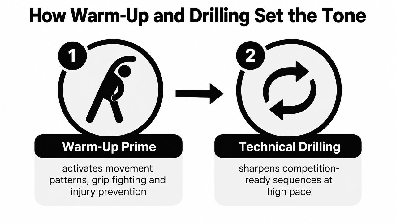 A diagram illustrating the BJJ competition class structure, starting with warm-up followed by technical drilling.