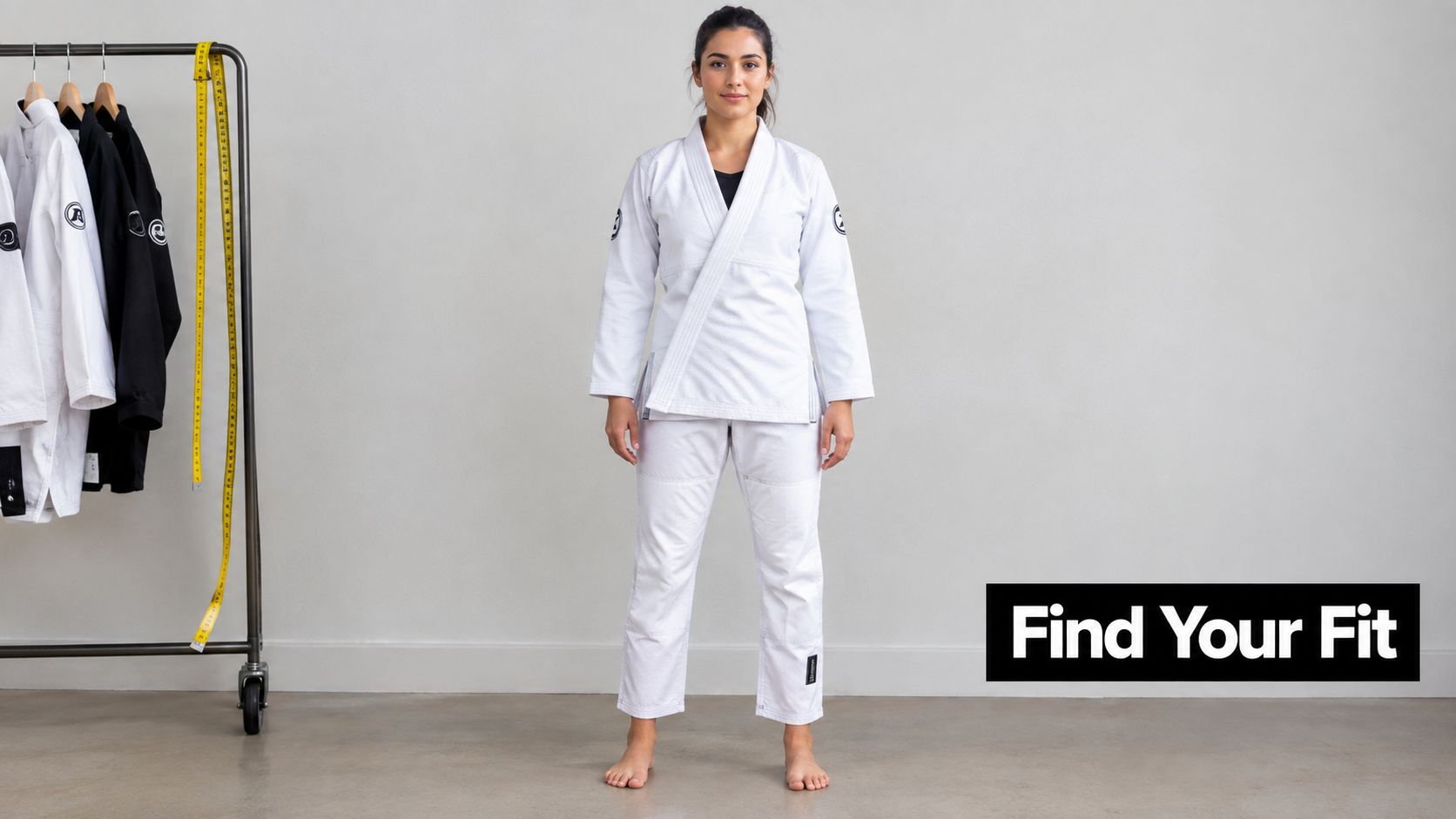 A woman standing wearing a white Brazilian Jiu-Jitsu gi in front of a clothing rack.