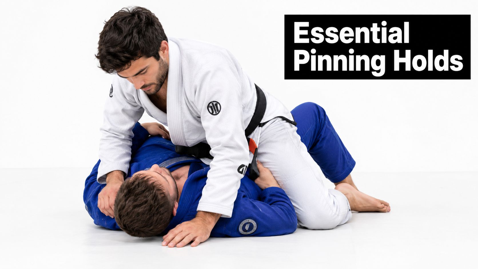 A martial artist in a white gi practicing a pinning technique on a partner in blue gi.