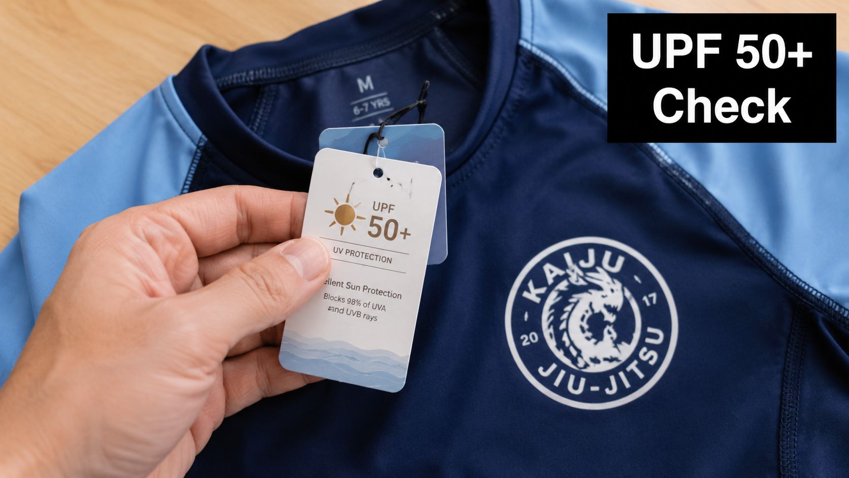 A hand holding a product tag that confirms UPF 50+ sun protection on a kids BJJ rash guard.