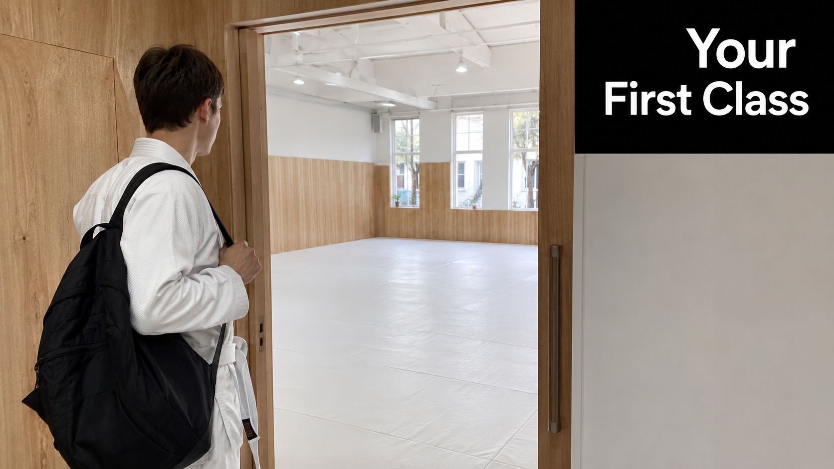 A person in a white martial arts uniform with a black backpack standing at a gym doorway.