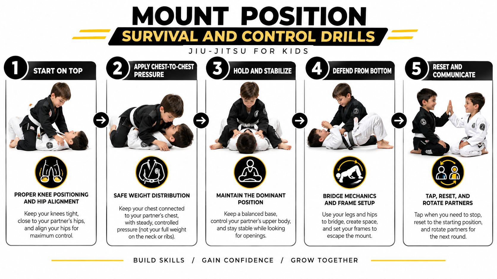 An instructional chart for kids jiu jitsu mount position drills, demonstrating step-by-step control and escape techniques.