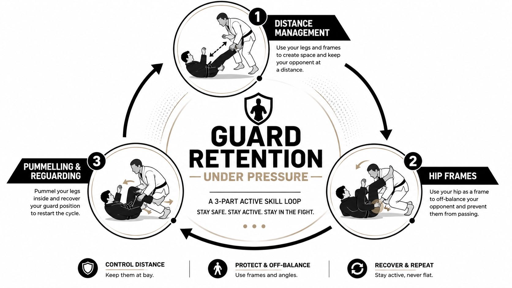 An educational graphic illustrating a three-part active skill loop for BJJ guard retention under pressure with descriptive steps.