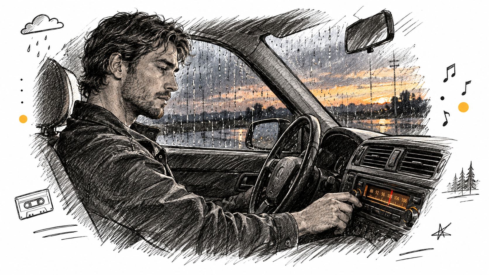 A sketched illustration of a man sitting in his car during a rainy sunset, adjusting the radio dial.