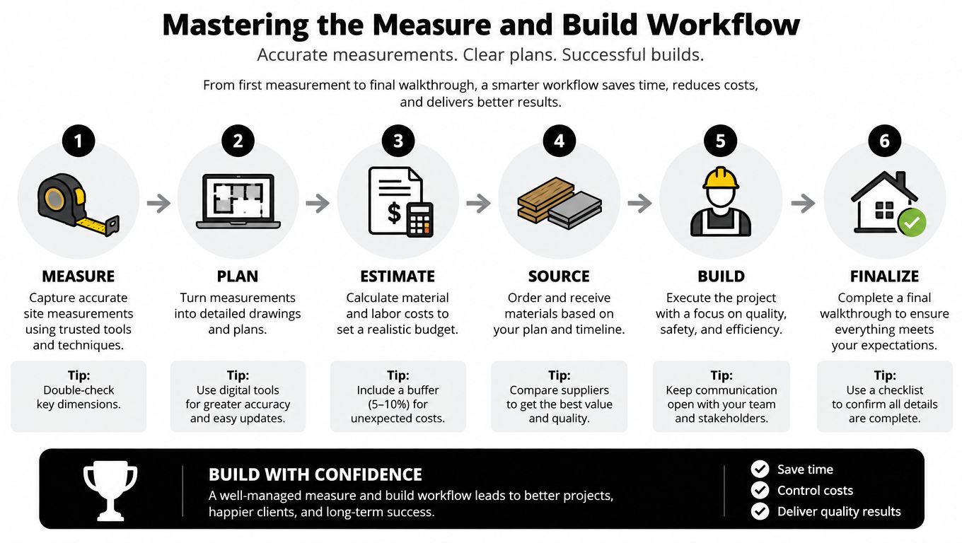 A six-step infographic illustrating the measure and build workflow for construction and renovation projects.