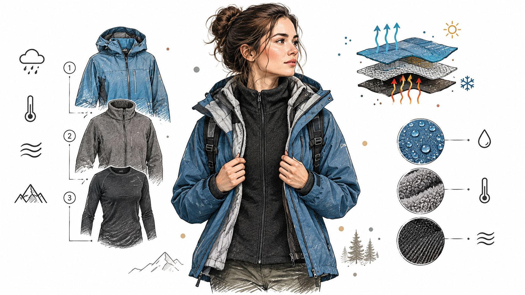 A woman wearing a layered outdoor jacket with diagrams explaining clothing layers and weather protection features.