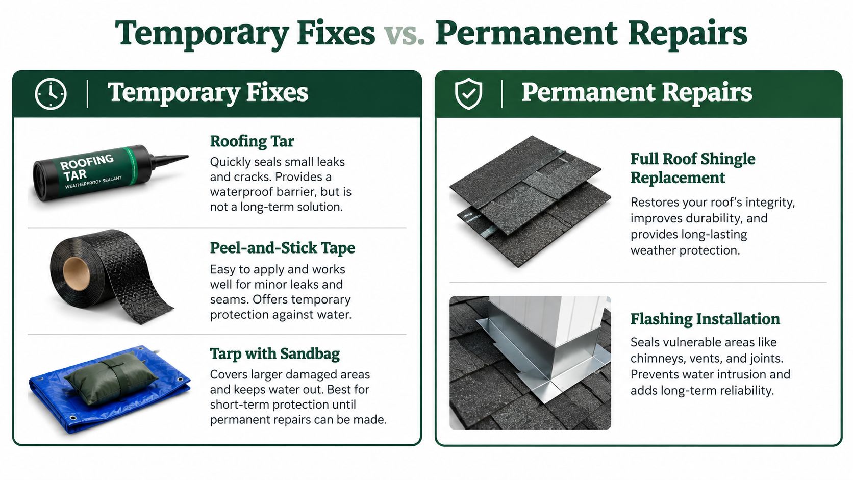Temporary roof leak protection compared with permanent roof repair