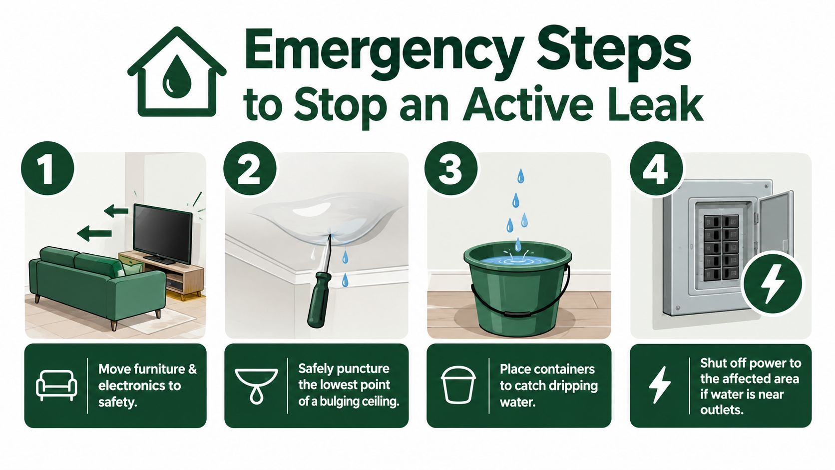 Emergency steps for containing an active roof leak inside a home