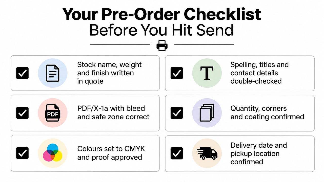 A checklist graphic for printing orders listing essential requirements like stock details, file formats, and delivery information.