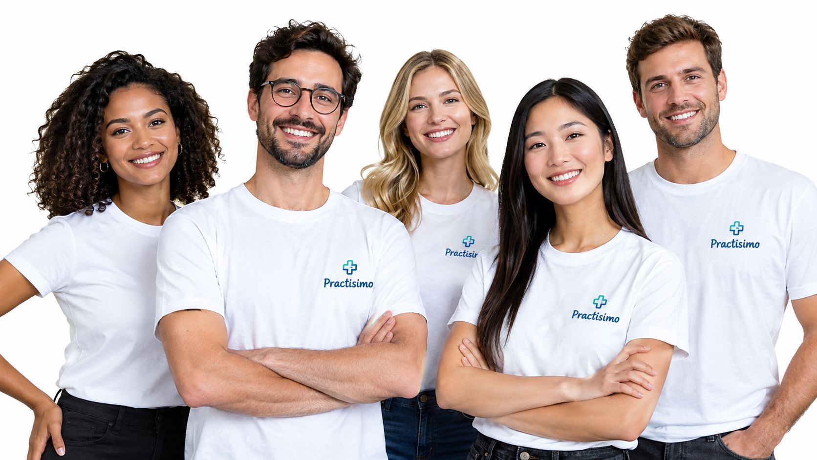 A diverse group of five smiling colleagues wearing matching custom white t-shirts with a healthcare logo.