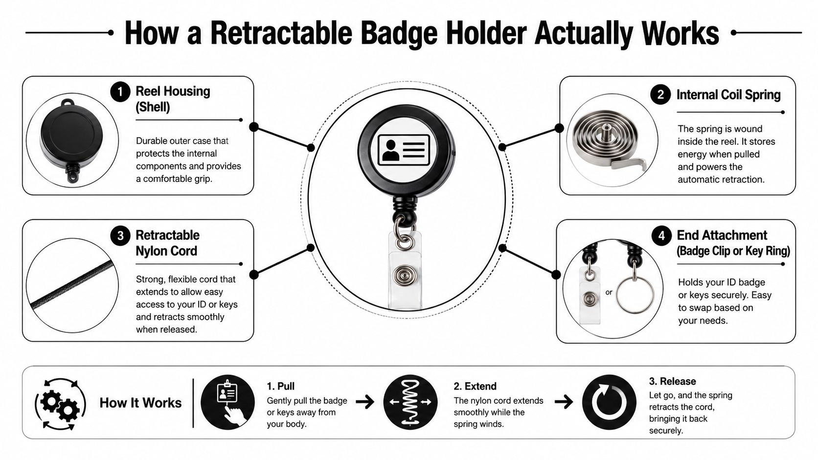 An infographic diagram explaining the mechanical components and operating steps of a retractable badge holder.