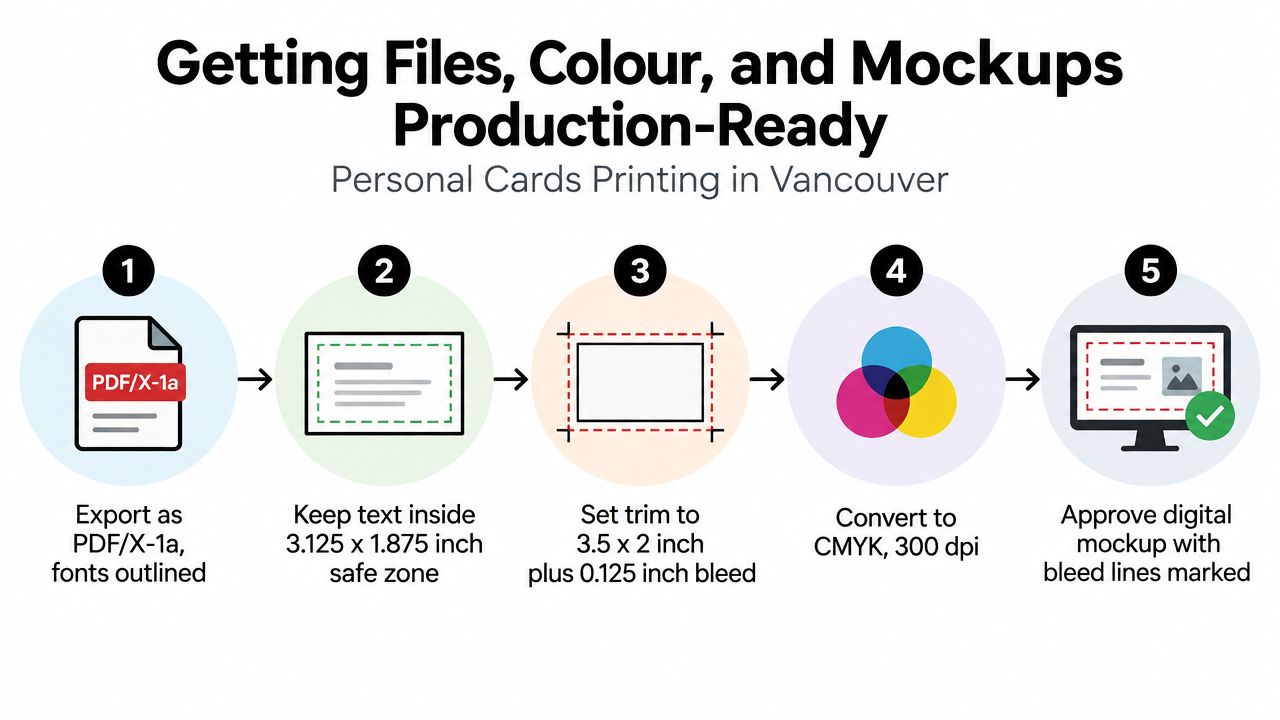 An infographic detailing five steps for preparing files for professional business card printing in Vancouver.