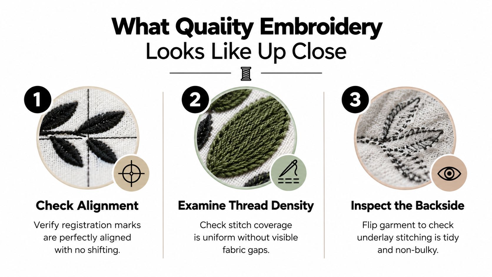 An infographic showing three steps to identify high quality embroidery, including alignment, thread density, and backside inspection.