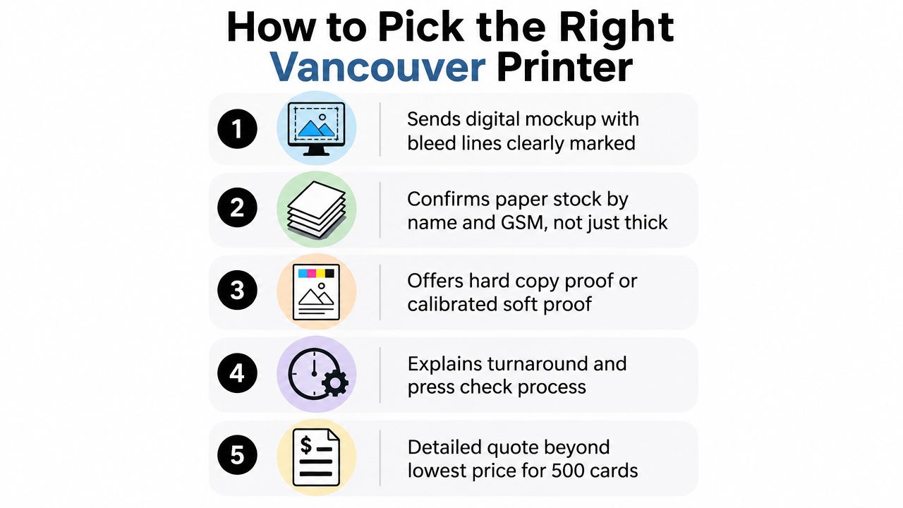 A checklist of five tips for selecting a reliable professional printing service in Vancouver for business cards.