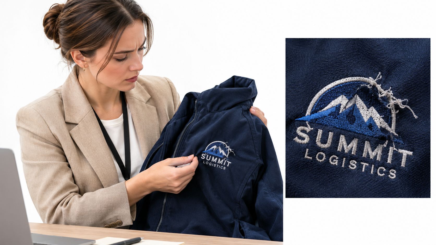 A professional woman inspecting a navy jacket featuring a damaged custom embroidered company logo.