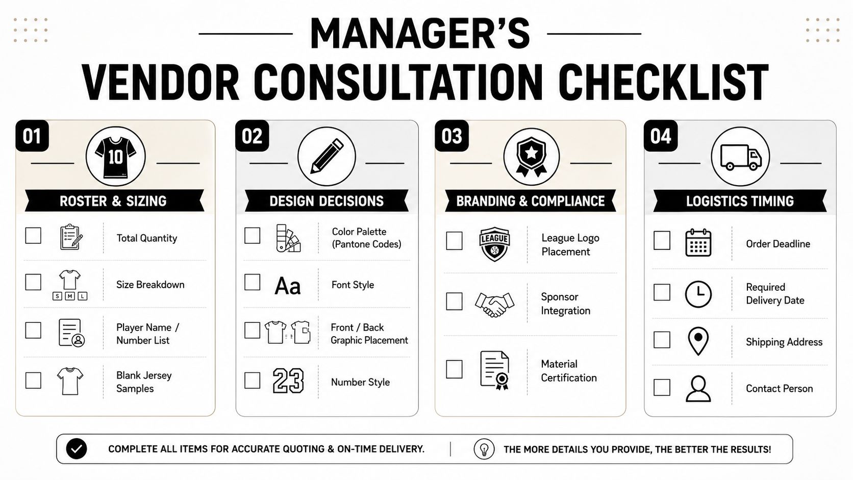A manager's vendor consultation checklist infographic detailing steps for ordering customizable sports uniforms and jersey equipment.