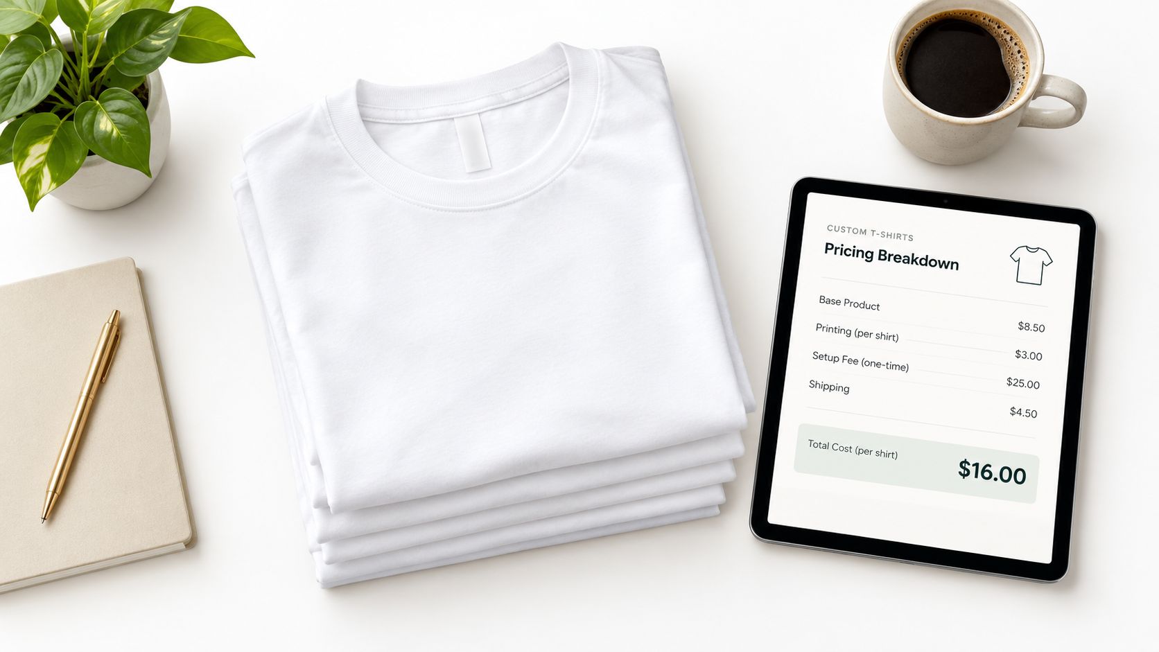 A stack of plain white t-shirts next to a tablet displaying a custom t-shirt pricing breakdown.