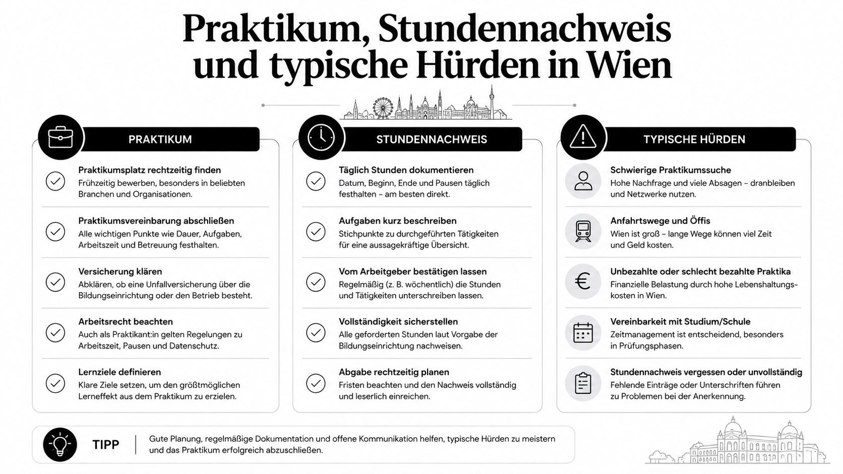Infografik mit Tipps für Praktikum, Stundennachweis und typische Herausforderungen für Studierende und Schüler in Wien.