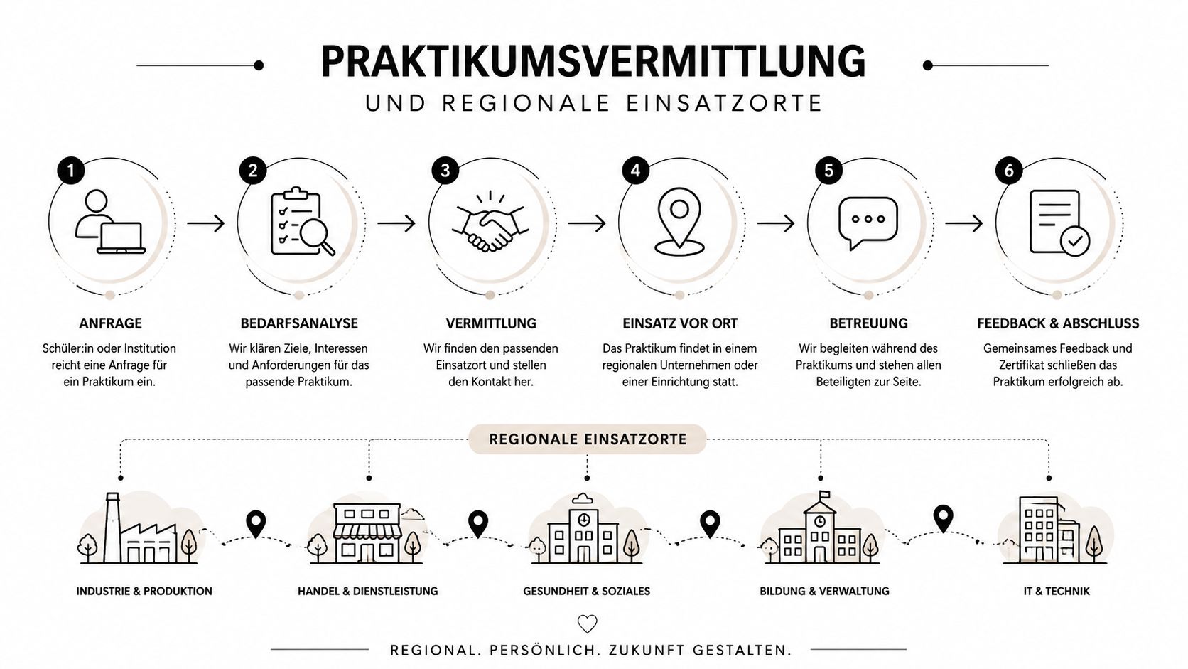 Eine Infografik zeigt den Prozess der Praktikumsvermittlung in sechs Schritten sowie verschiedene regionale Einsatzorte für Praktikanten.