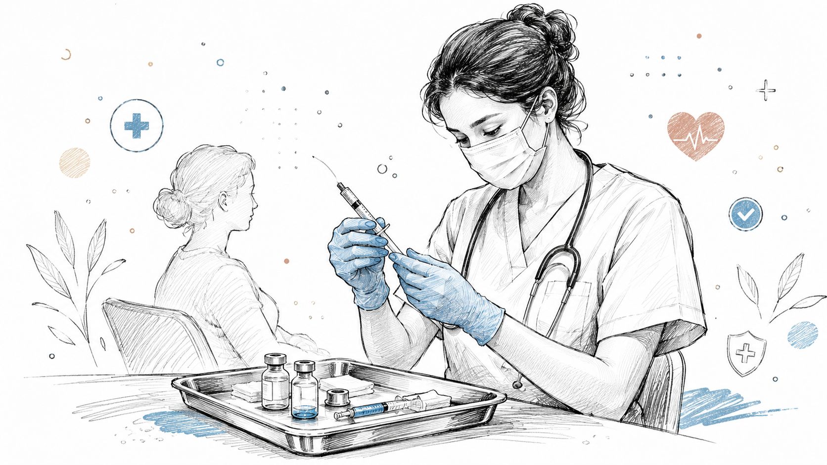 Eine medizinische Fachkraft bereitet in einer Praxis eine Spritze für die Behandlung einer Patientin vor.