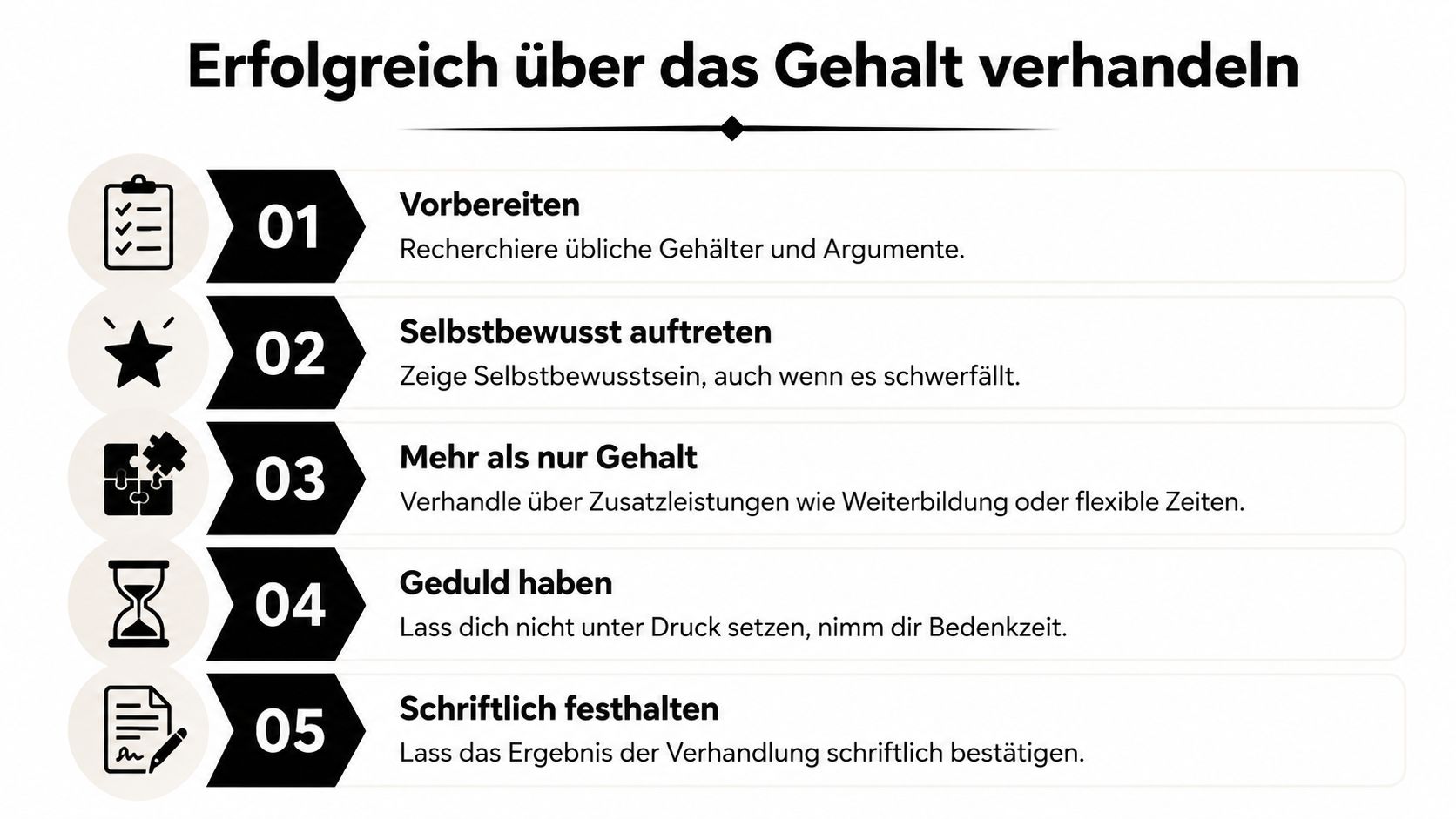 Eine Infografik mit fünf Schritten für eine erfolgreiche Gehaltsverhandlung, inklusive hilfreicher Ratschläge zur Vorbereitung und Kommunikation.