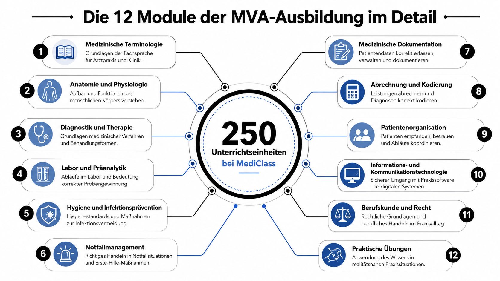 Übersichtsgrafik der 12 Ausbildungsmodule für medizinische Verwaltungsassistenten mit einer Gesamtzahl von 250 Unterrichtseinheiten bei MediClass.