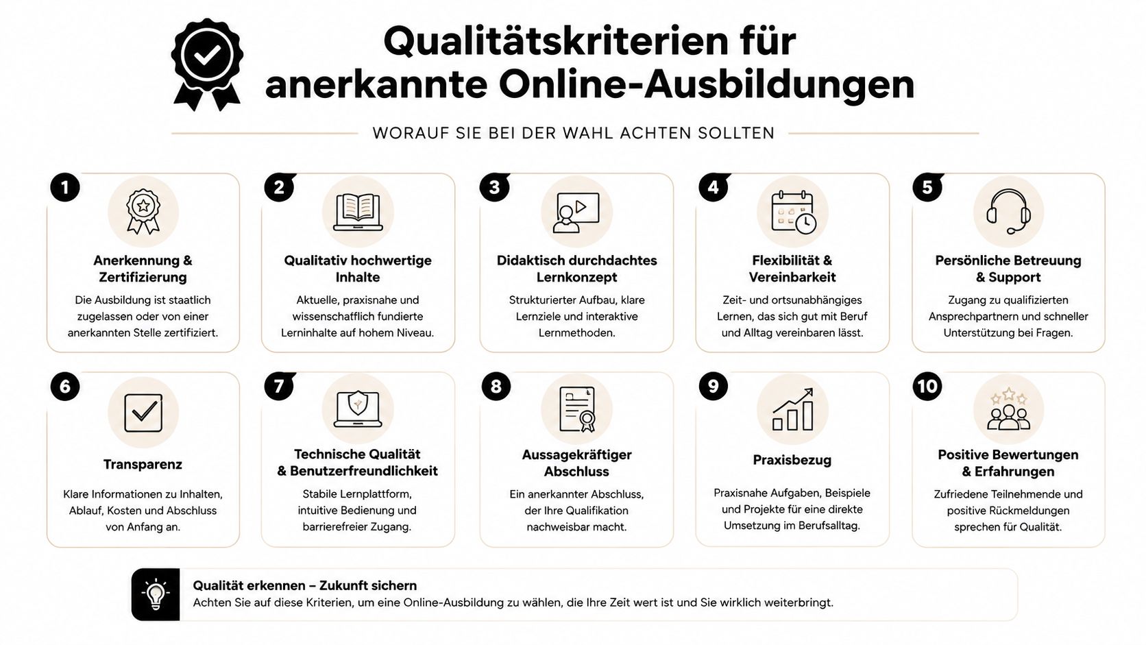 Eine Infografik mit zehn Qualitätskriterien für die Auswahl von hochwertigen und anerkannten Online-Ausbildungen und Weiterbildungen.