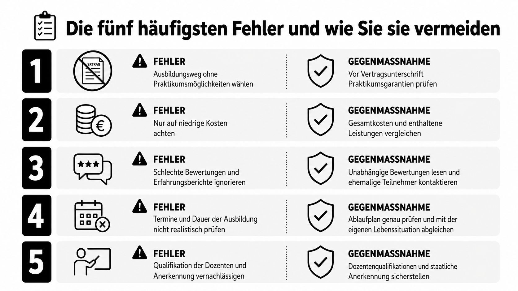 Eine Infografik über die fünf häufigsten Fehler bei der Ausbildungswahl und wie man diese effektiv vermeiden kann.