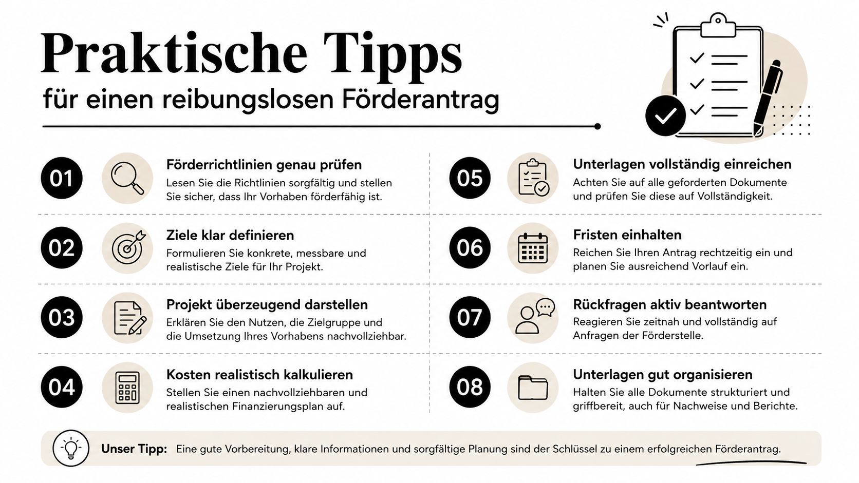 Infografik mit acht praktischen Tipps für eine erfolgreiche und reibungslose Einreichung von Förderanträgen für Projekte.
