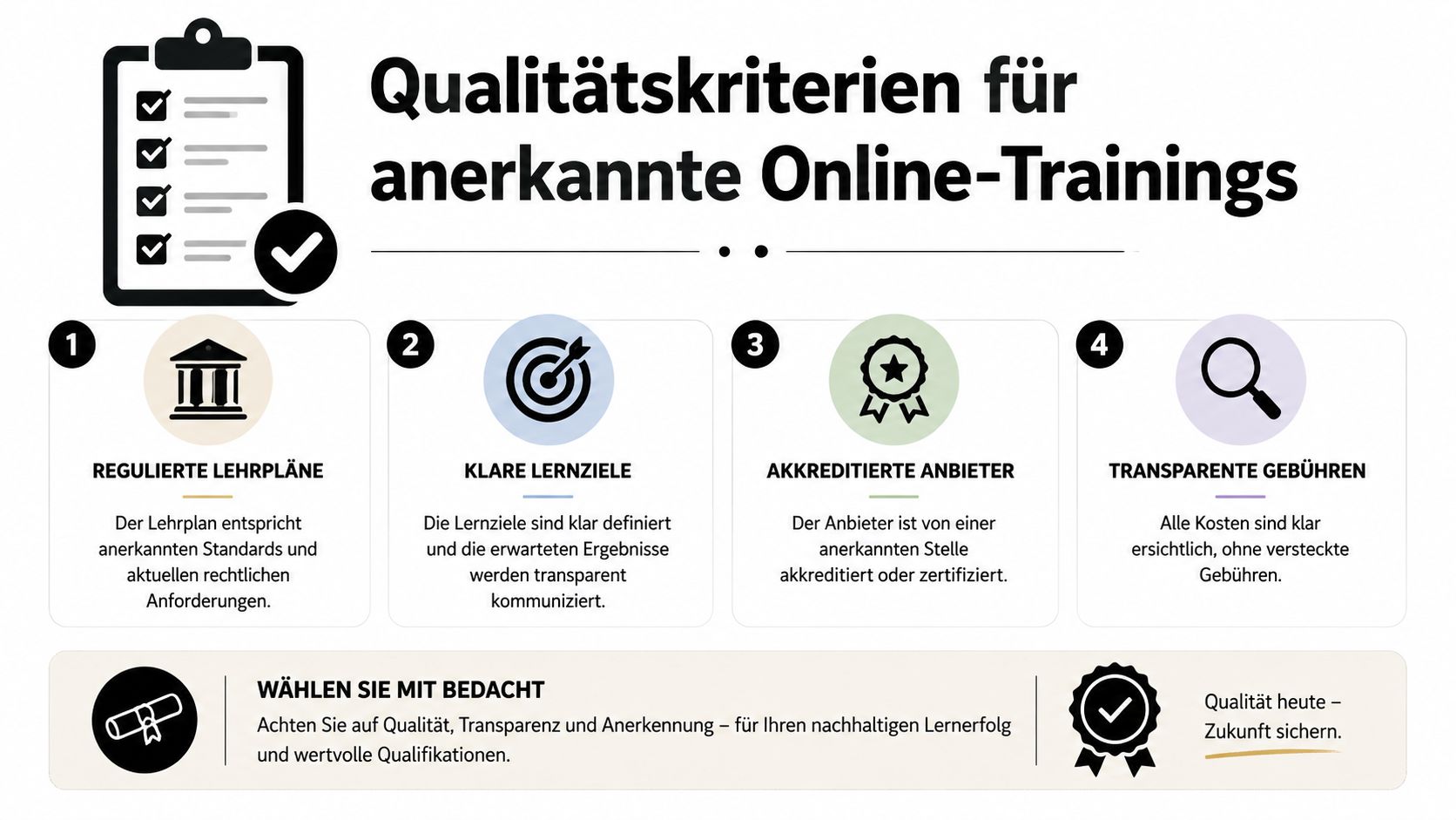Eine Grafik zeigt vier Qualitätskriterien für anerkannte Online-Trainings wie Lehrpläne, Lernziele, Anbieter-Akkreditierung und transparente Gebühren.