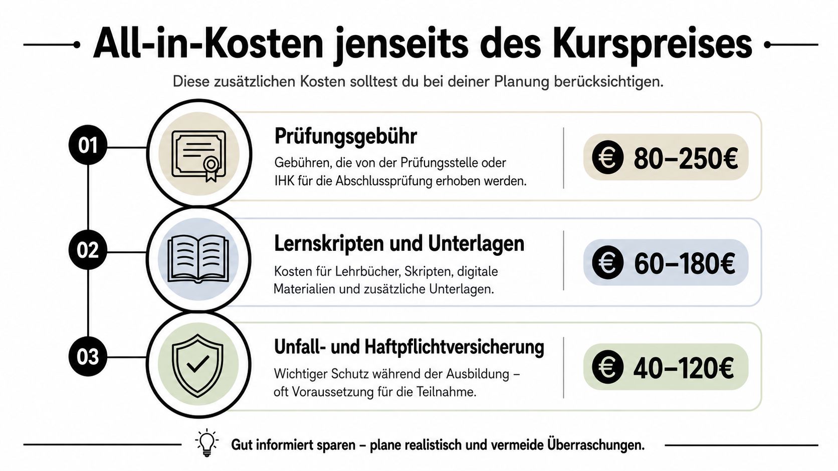 Eine Übersichtsgrafik über zusätzliche Kosten bei der Ausbildung zur Ordinationsassistentin wie Prüfungsgebühren, Lernmaterialien und Versicherungen.