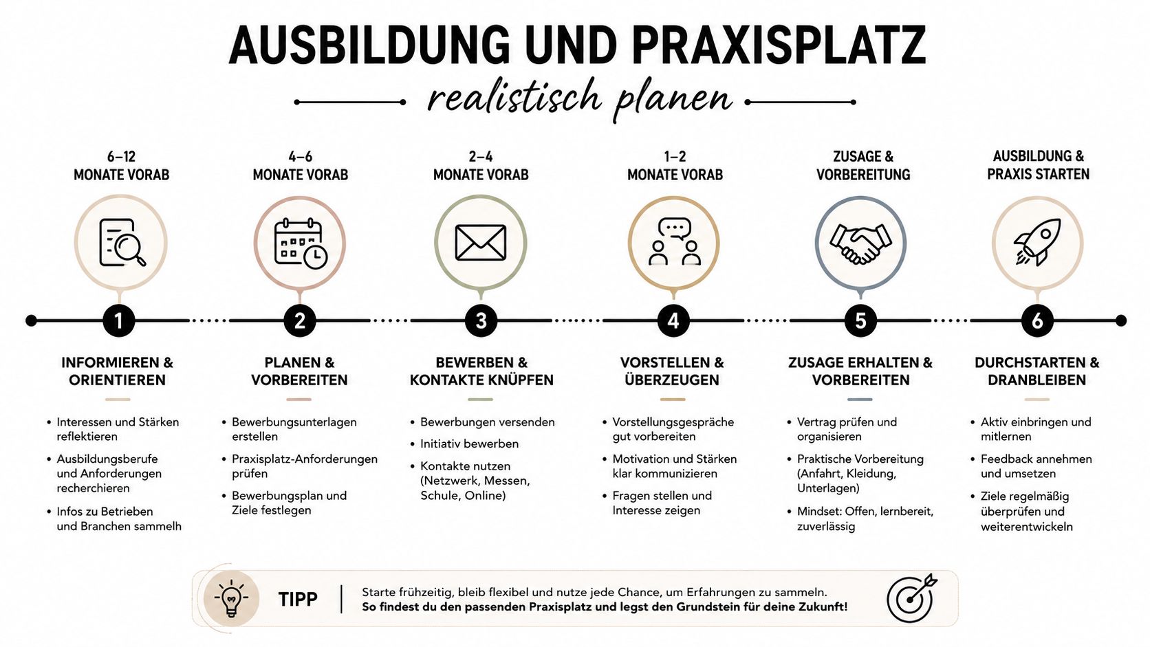 Eine Infografik mit sechs Schritten zur Planung von Ausbildung und Praxisplatz für eine erfolgreiche berufliche Zukunft.