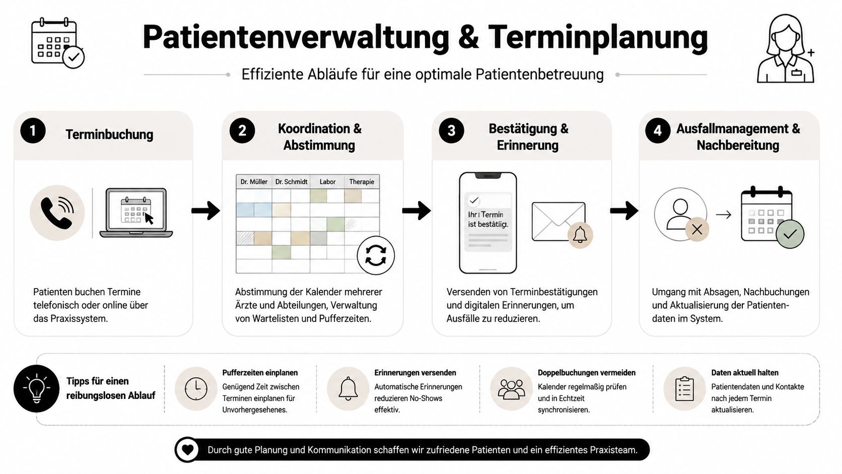 Übersicht des vierstufigen Prozessablaufs für effiziente Patientenverwaltung und digitale Terminplanung in einer medizinischen Praxis.