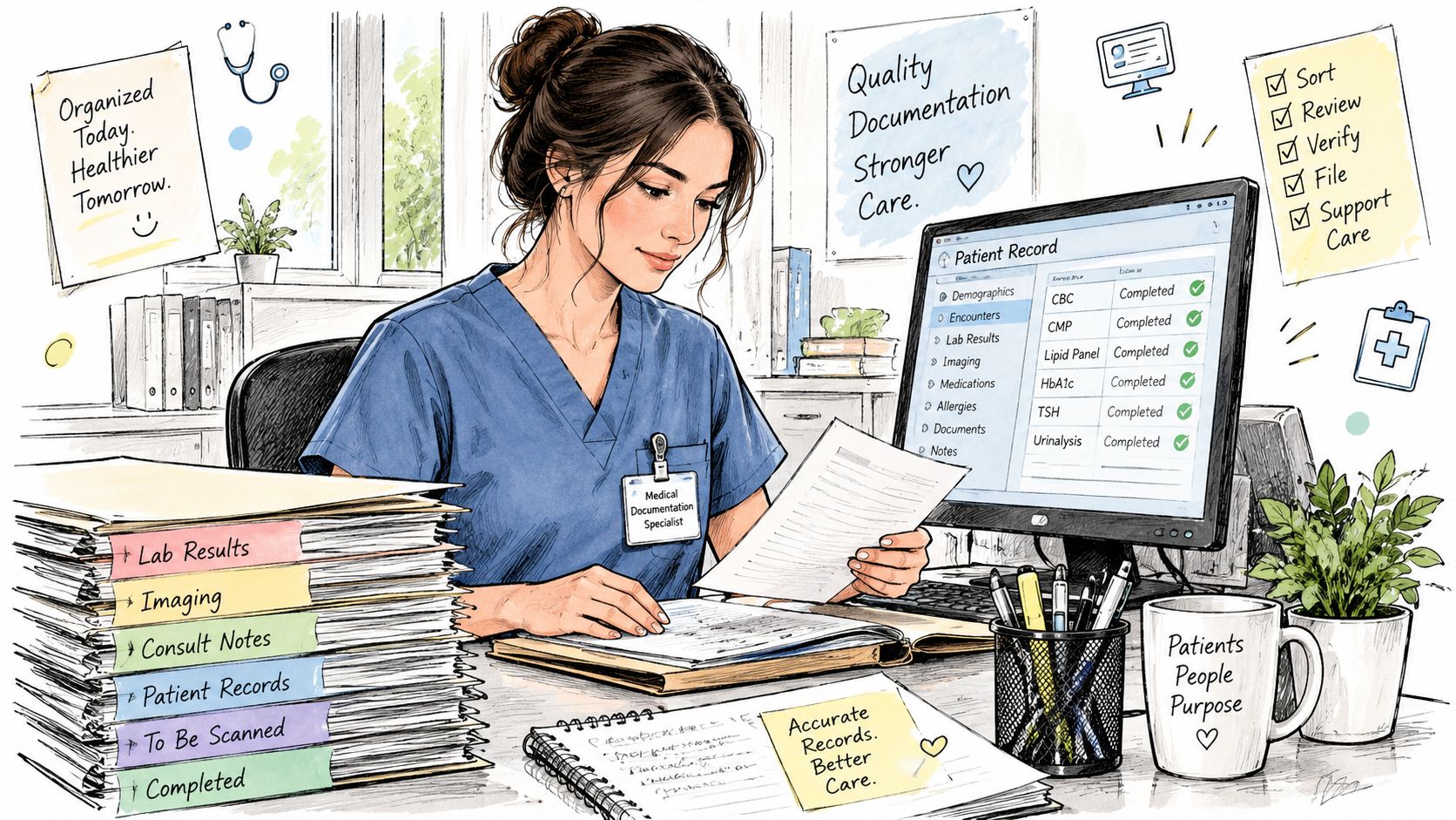 Eine medizinische Fachkraft bearbeitet sorgfältig Patientenunterlagen in einem Büro, um eine präzise Dokumentation sicherzustellen.