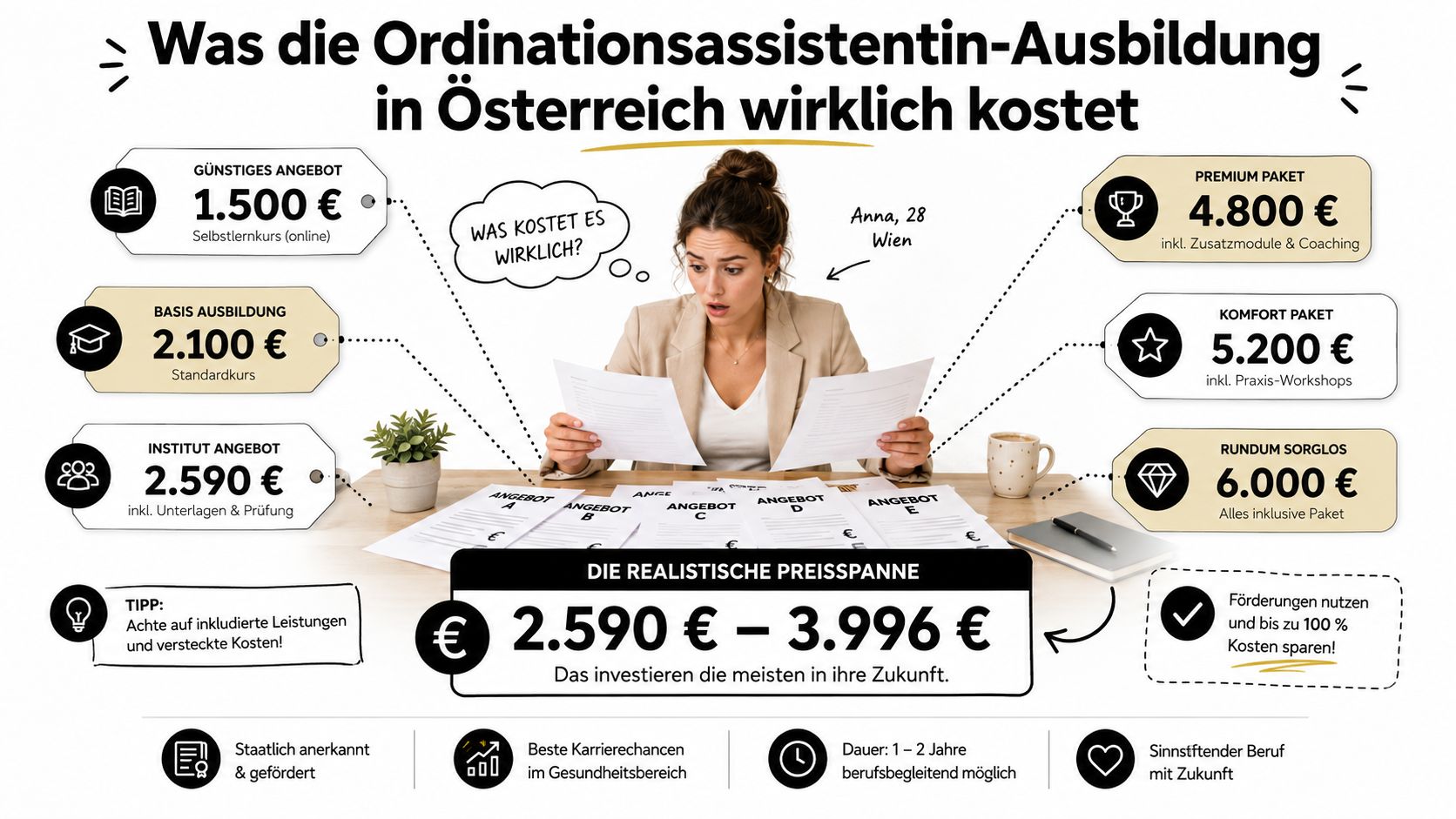 Infografik über die tatsächlichen Kosten einer Ausbildung zur Ordinationsassistentin in Österreich mit verschiedenen Preisbeispielen für Interessenten.