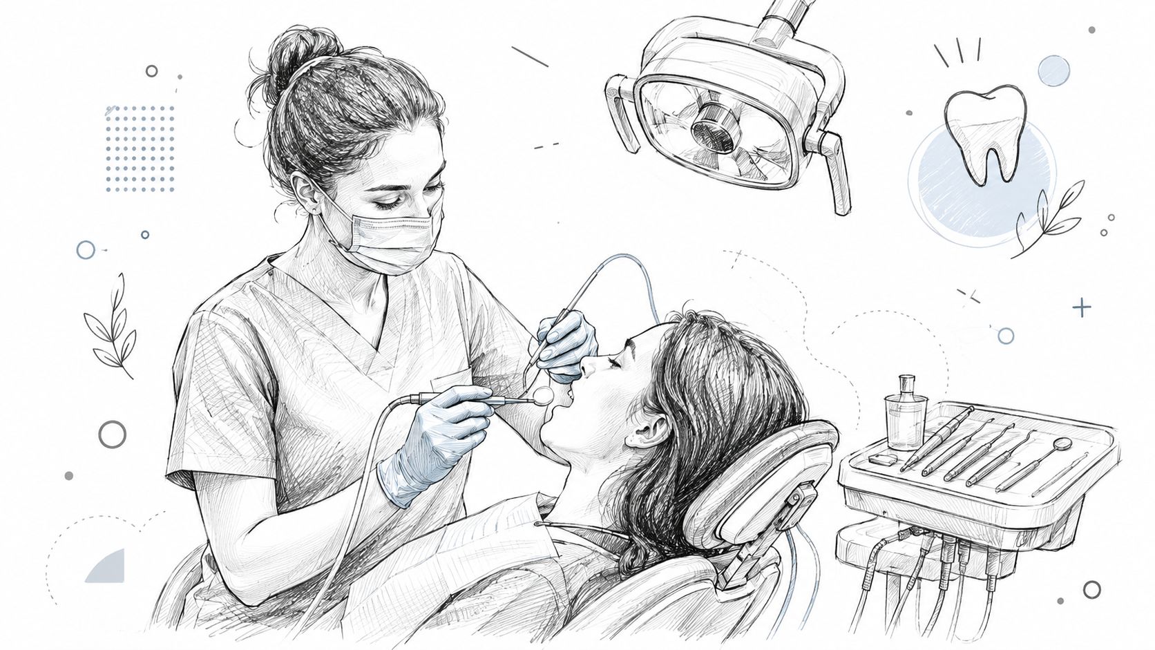 Eine Zahnärztin behandelt eine Patientin in einer modernen Zahnarztpraxis mit medizinischen Instrumenten und einer Deckenleuchte.