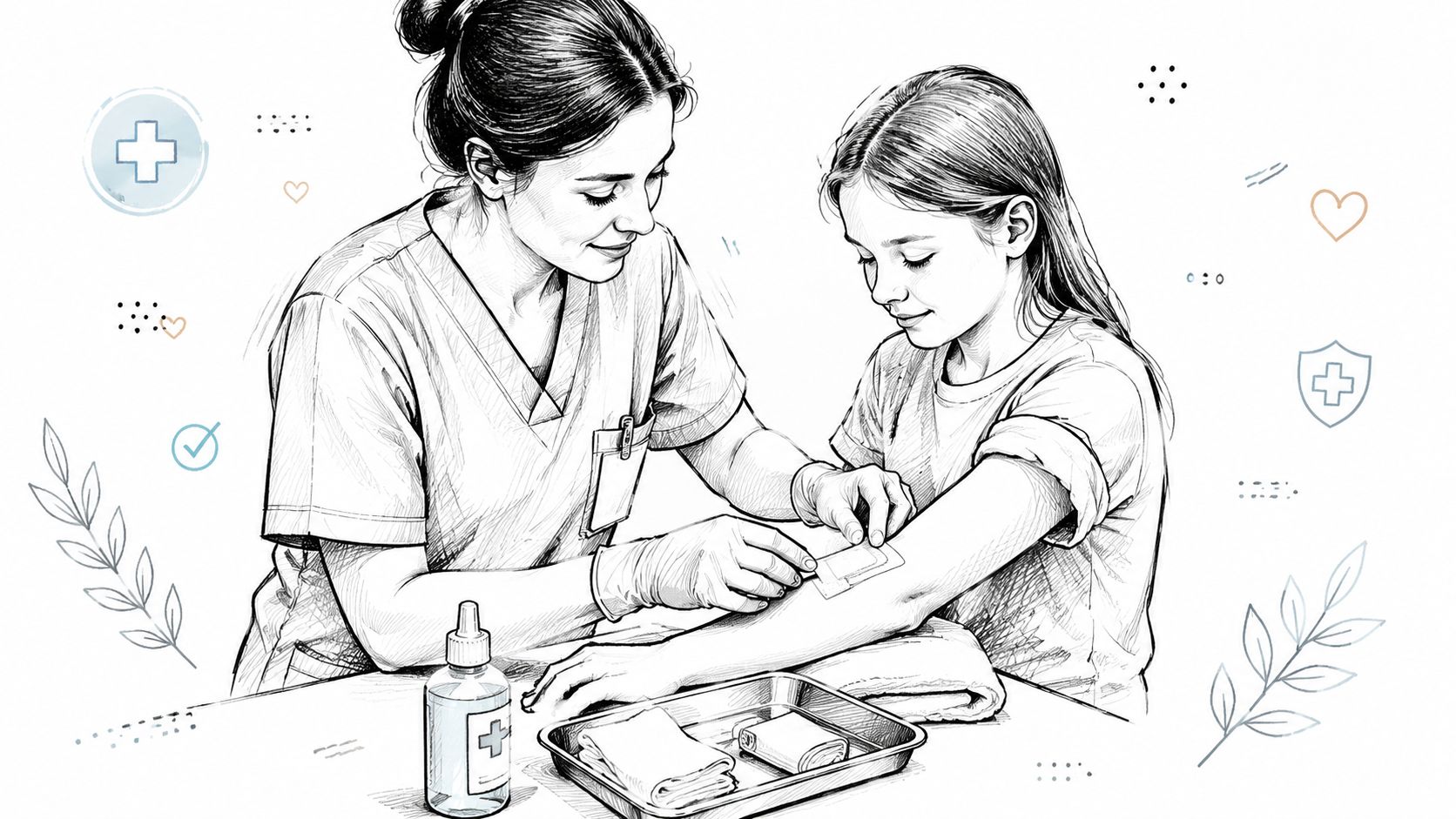 Eine freundliche Ordinationsassistentin legt einer jungen Patientin ein Pflaster auf den Arm, während diese lächelnd zusieht.