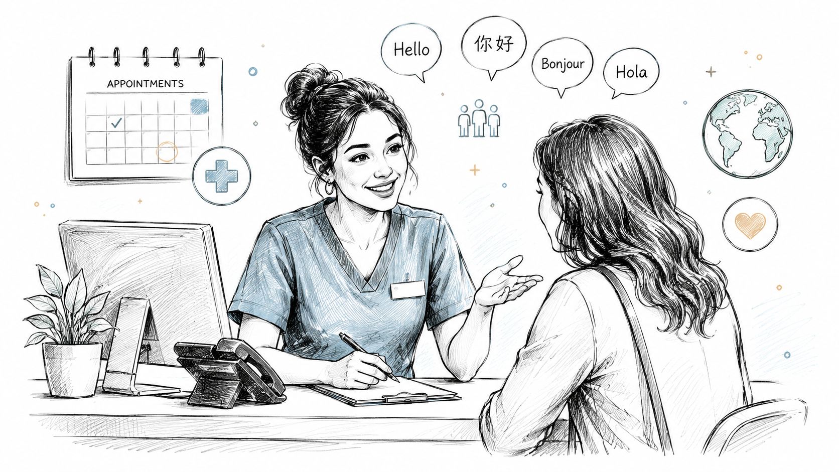 Eine freundliche Ordinationsassistentin führt ein Beratungsgespräch mit einer Patientin in einer modernen Arztpraxis mit verschiedenen Sprachsymbolen.